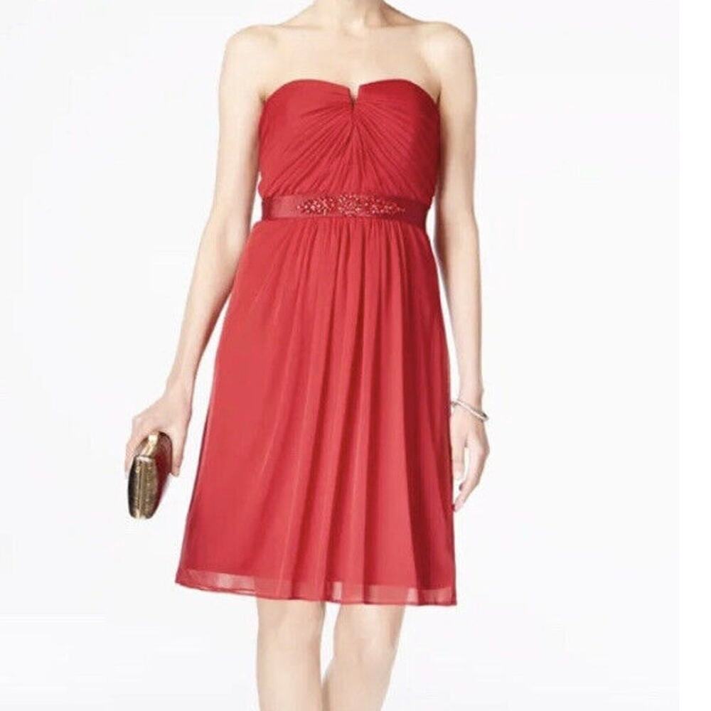 Adrianna Papell Women's Red Strapless Embellished Lined‎ Cocktail Dress Size 8